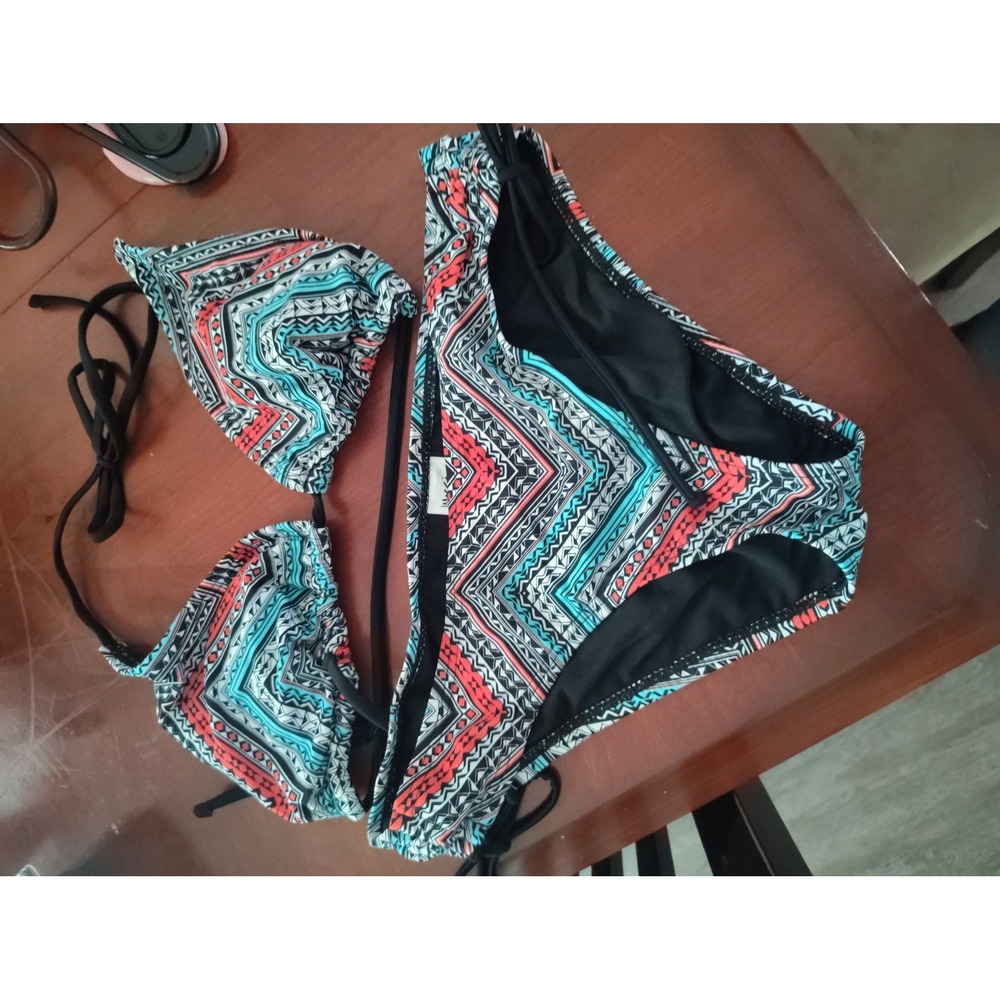 Mossimo Womens Geometric Tribal Print Triangle Bikini Set Turquoise Coral Size M